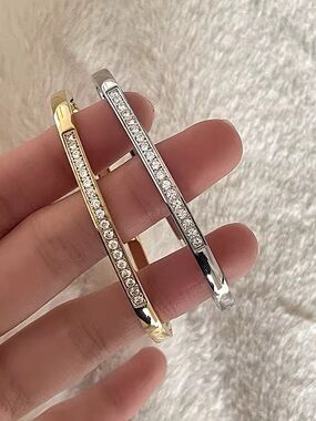 Sparkling Gold & Silver Crystal Bar Cuff Bracelet Duo - Women’s Jewelry